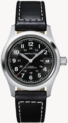Hamilton Champ kaki automatique (38 mm) cadran noir / bracelet cuir noir H70455733