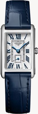 LONGINES Dolcevita Quarzuhr (20,8 mm), silbernes „Flinqué“-Zifferblatt / nachtblaues Alligatorlederarmband L52554702