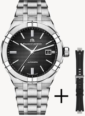 Maurice Lacroix Aikon automatic (42mm) zwarte clous de paris wijzerplaat / edelstaal + zwart rubber AI6008-SS00F-330-A