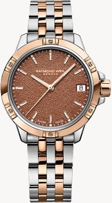Raymond Weil Tango klassisches Quarzwerk (30 mm), terrakottafarbenes, mattiertes Zifferblatt / zweifarbiges Edelstahlarmband 5960-SP5-70061
