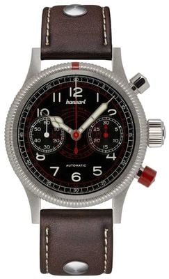 Hanhart Montre tachytélécommande automatique Pioneer (40 mm), cadran noir / bracelet en cuir marron foncé à rivets - taille M 712.210-0110