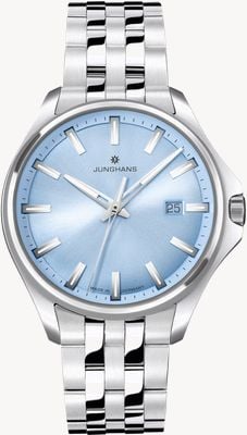 Junghans Meister s Quartz 35 (35 mm) eisblaues Sunburst-Zifferblatt / Edelstahlarmband 47/4531.44