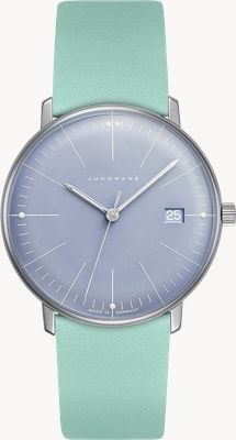 Junghans Max bill damen quartz (32.7mm) blauwe wijzerplaat / blauwgroene leren band 47/4554.02