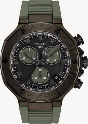 Tissot T-race计时码表（45毫米）黑色表盘/卡其绿橡胶表带手表 T1414173706102