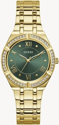 Guess Damen-Armbanduhr Cosmo (36 mm) mit grünem Zifferblatt und goldfarbenem Edelstahlarmband GW0033L8