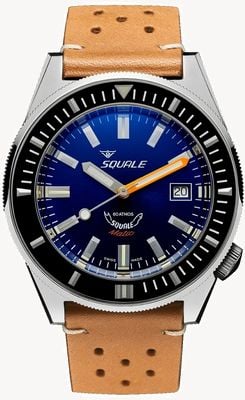Squale Matic dunkelblau (44mm) blaues Sonnenstrahlzifferblatt / hellbraunes italienisches Lederarmband Uhr MATICXSB.PTC