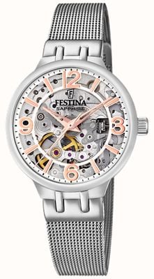 Festina Relógio feminino esqueleto automático com pulseira de malha F20579/1