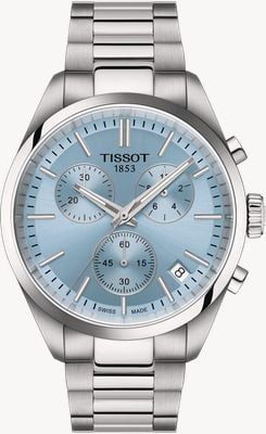 Tissot Pr 100 Chronograph (40 mm) hellblaues Sunray-Zifferblatt / Edelstahlarmband T1504171135100