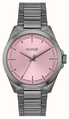 HUGO #seam Quarzuhr mit drei Zeigern (42,5 mm), rosa Zifferblatt / graues PVD-beschichtetes Edelstahlarmband 1530454