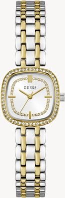 Guess Hazel Quarzuhr mit drei Zeigern (25 mm), silbernes Zifferblatt / zweifarbiges Edelstahlarmband GW1018L3