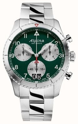 Alpina Startimer pilot quartz chrono grote datum (41 mm) groene wijzerplaat / roestvrij staal AL-372GRS4S26B