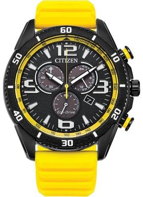Citizen Eco-Drive Sport Chronograph (45mm) Black Dial / Yellow Silicone Strap AT2585-08E