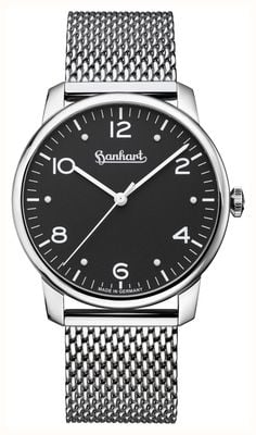 Hanhart Pioneer silva (38,5 mm) quadrante nero / bracciale in acciaio inossidabile con maglia milanese 782.210-9428