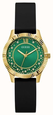 Guess Damski zegarek Starstruck (34 mm) z zieloną tarczą i czarnym silikonowym paskiem GW0766L3