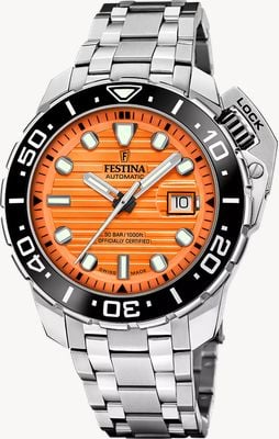 Festina Orologio subacqueo automatico svizzero COSC certificato (47,3 mm), quadrante arancione / set bracciale in acciaio inossidabile F20043/3