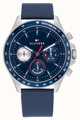 Tommy Hilfiger Herrenuhr Clark (44 mm) mit blauem Zifferblatt und blauem Lederarmband 1792209