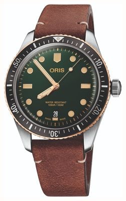 ORIS Divers vijfenzestig automatische (40 mm) groene wijzerplaat / bruin lederen band 01 733 7707 4357-07 5 20 45
