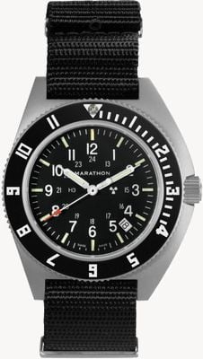 Marathon SSNAV-D Steel Navigator Date Quartz (41mm) Black Dial / Black Defstan Nylon Strap Watch WW194013SS-0103