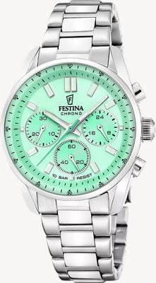 Festina Boyfriend Quarz-Chronograph (37,5 mm) mintgrünes Zifferblatt / Edelstahlarmband F20753/1