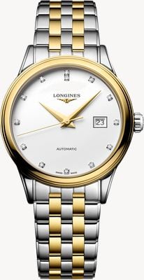 LONGINES Klassisches Flaggschiffmodell mit Automatikaufzug – Diamanten (30 mm), weißes Zifferblatt / zweifarbiges Edelstahlarmband L43743177