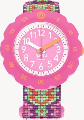 Flik Flak Kinderarmband in Pink (34,75 mm) mit rosa Zifferblatt / mehrfarbigem Klettverschluss aus recyceltem Tiergewebe FPSP072