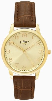 Limit Quartzo clássico (34 mm) com mostrador dourado e pulseira de couro PU marrom com textura de crocodilo. 50060