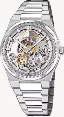 Festina Montre automatique Rivé (40 mm) de fabrication suisse, cadran squelette et bracelet en acier inoxydable F20069/1