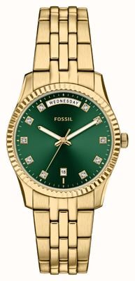Fossil Scarlette dia/data (34 mm) mostrador verde com efeito raios de sol / pulseira em aço inoxidável com revestimento PVD dourado ES5460