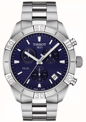 Tissot Pr100 sport | cronógrafo | mostrador azul | pulseira de aço inoxidável T1016171104100
