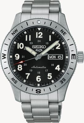 Seiko Relógio 5 Sports Field em camuflagem preta (41 mm), mostrador preto e pulseira de aço inoxidável. HDB006K1