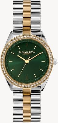 Olivia Burton Sportliches, luxuriöses, mit Juwelen besetztes grünes Zifferblatt (34 mm) / zweifarbiges Edelstahlarmband 24000137