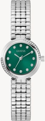Guess Clara-Kristall (28 mm), grünes Zifferblatt mit Sonnenschliff / Edelstahlarmband GW0930L1