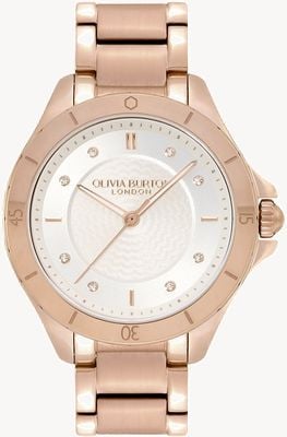 Olivia Burton Sportlicher Luxus | silbernes guillochiertes Zifferblatt | PVD-Armband aus Roségold 24000041