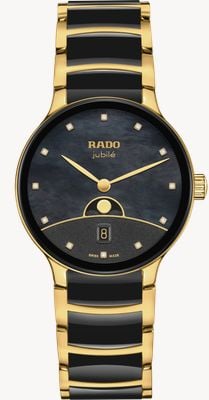 RADO Centrix maanfase (35 mm) zwarte parelmoeren wijzerplaat / zwart hightech keramiek & goudkleurig PVD-staal R30233942