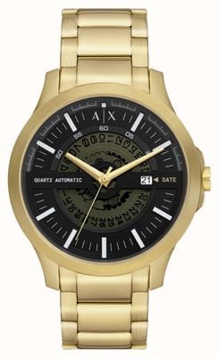 Armani Exchange Hommes | cadran noir | bracelet en acier inoxydable doré AX2443