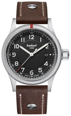 Hanhart Pioneer One Automatik (42 mm), schwarzes Zifferblatt / dunkelbraunes Lederarmband mit Nieten - m 762.210-0110