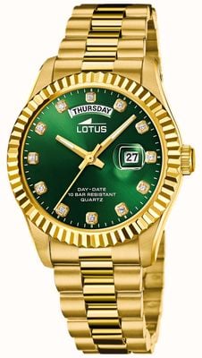 Lotus Vrijheid heren (41,5 mm) groene wijzerplaat / goudkleurige roestvrijstalen armband L18857/6