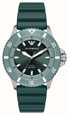 Emporio Armani Reloj World Explorer con energía solar (42 mm), esfera verde y correa de silicona verde. AR11786