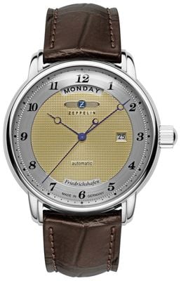 Zeppelin Friedrichshafen Day/Date Automatic (40mm) Gold Clous de Paris Dial / Brown Leather Strap 8562-5
