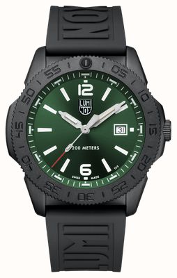 Luminox Pacific Diver: Schwarzer Stahl – Serie 3120 (44 mm) grünes Zifferblatt mit Sonnenschliff / schwarzes, passgenaues EPDM-Armband XS.3137.B