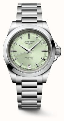 LONGINES 女士征服者自动腕表（34 毫米）绿色表盘/不锈钢表链 L34304026