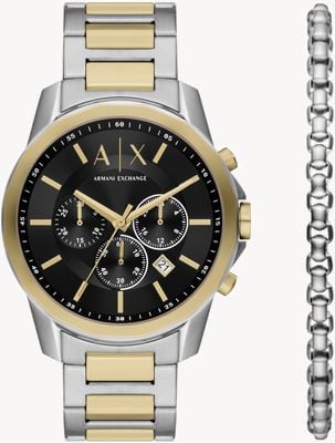 Armani Exchange Zestaw upominkowy dla mężczyzn (44 mm) z czarną tarczą / dwukolorową bransoletką i pasującą bransoletką AX7148SET