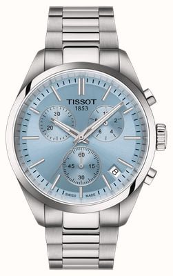 Tissot Chronograf Pr 100 (40 mm), jasnoniebieska tarcza ze promieniami słonecznymi i bransoleta ze stali nierdzewnej T1504171135100