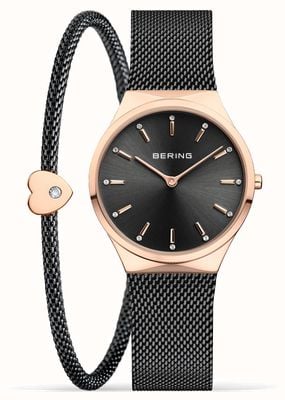 Bering クラシックなポリッシュ仕上げのローズゴールド時計 + ブレスレットのギフトセット 12131-169-GWP