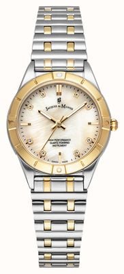 Jacques Du Manoir Leonie quartzhorloge met drie wijzers (29 mm) met parelmoeren wijzerplaat en tweekleurige roestvrijstalen armband. JWL05903