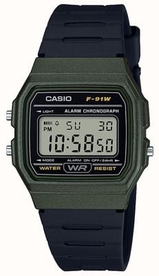 Casio Alarm-Chronograph mit grünem und schwarzem Gehäuse F-91WM-3AEF