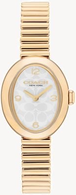 Coach Relógio Sammy feminino (22,5 mm) mostrador branco com logo / pulseira extensível de aço inoxidável cor ouro 14504573