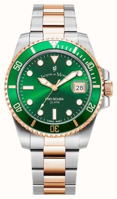 Jacques Du Manoir Pro Scuba (43 mm) grünes Zifferblatt / zweifarbiges Edelstahlarmband JWG02804