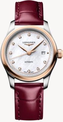LONGINES Master Collection Automatik Diamanten (30 mm) Weißes Perlmutt-Zifferblatt / Bordeaux-Lederarmband L24495892