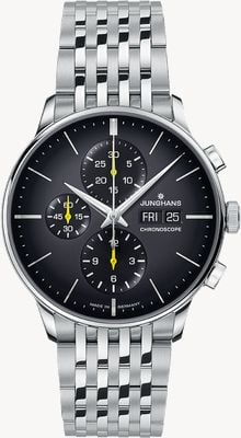Junghans Meister chronoscoop Engelse datum (40,7 mm) donkergrijze wijzerplaat / roestvrijstalen armband 27/4429.47